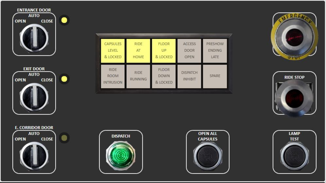 Launch Panel Interface showing Entrance, Exit, Emergency, Ride Stop, and Dispatch buttons