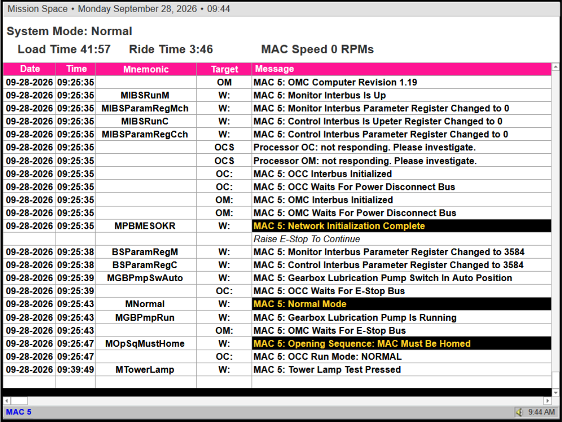 Video Display Terminal Interface showing log messages